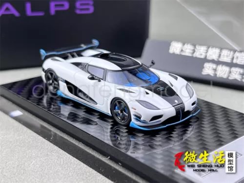 1:64 white racing sports car diecast model with blue stripe and black rear wing