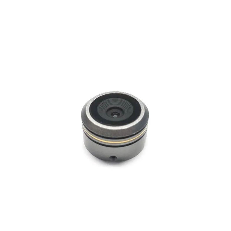 Round black camera lens module with glass center and metal trim ring