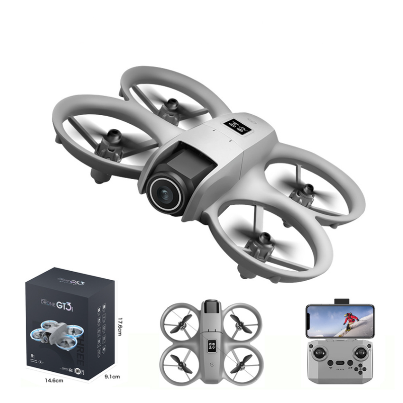 Mini quadcopter drone with front camera, four propellers, gray body