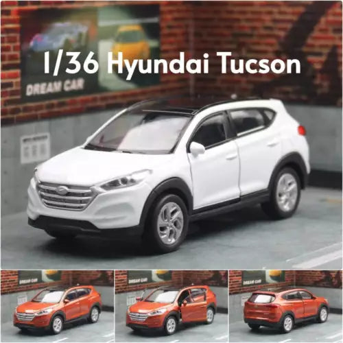 1:36 Hyundai Tucson diecast SUV model car, white front three-quarter view