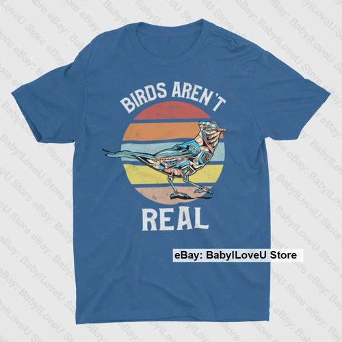 Blue crewneck T-shirt, 'BIRDS AREN'T REAL' graphic with bird-drone