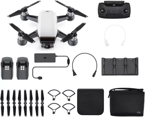 Alpine white drone combo set with controller, props, spare batteries and charging cables