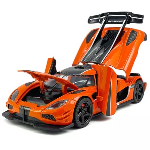 Orange and black diecast toy sports car model with open cockpit doors