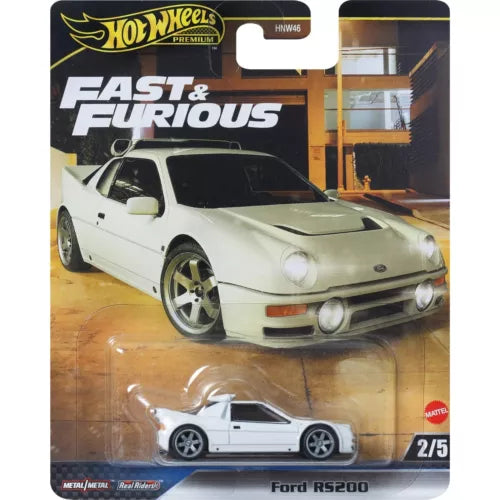 Hot Wheels diecast model car toy: white Ford RS200 with chrome wheels