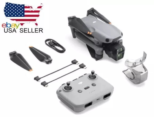Compact drone with remote controller, propellers, and landing gear parts shown