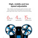 Mini RC quadcopter drone with blue propeller guards and four-blade rotors