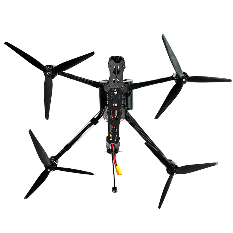 Black quadcopter FPV drone with four propellers and central frame