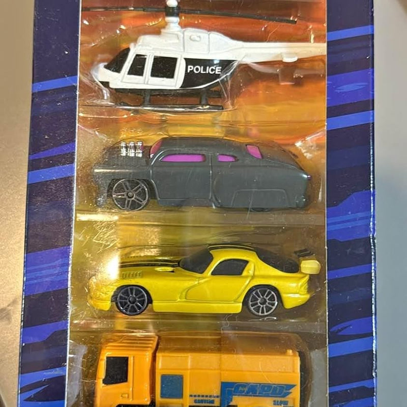 Adventure Force diecast vehicles in blister box, with police vehicle and yellow car