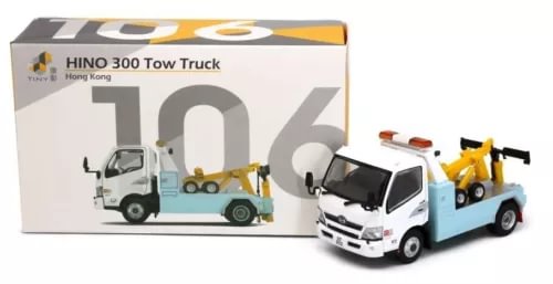 White HINO 300 tow truck diecast model car with crane and orange beacon lights
