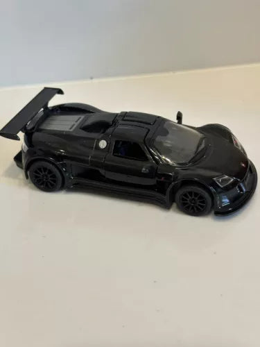 Black 1:36 diecast sports car model with open driver-side door, front view