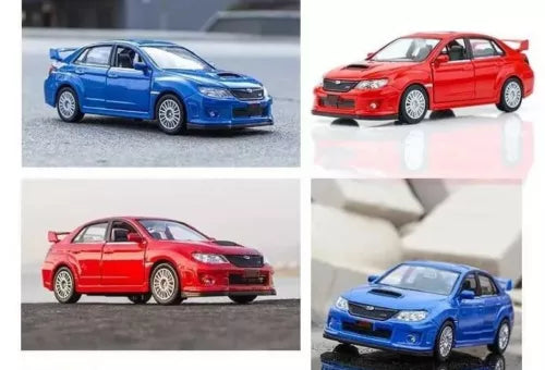 Die-cast Subaru Impreza WRX STI AWD 1/36 model car, blue and red