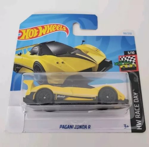 Yellow and black diecast toy car in Hot Wheels blister pack, Pagani Zonda R, 1:64 scale.
