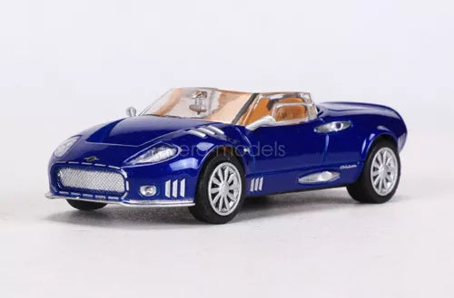 Blue 1/64 scale diecast sports car toy, front three-quarter view with open hood