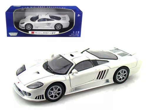 1/18 diecast model car, white Saleen S7 with black racing stripes and wheels