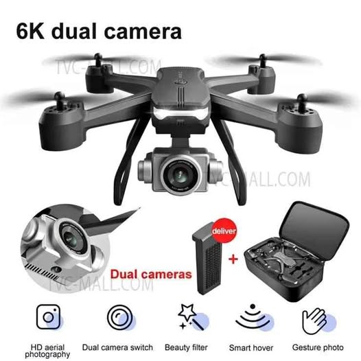 Quadcopter drone with dual cameras, gray body and front camera module.