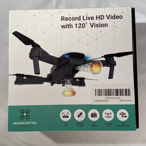 Black quadcopter drone with front camera and four propellers, ready to fly