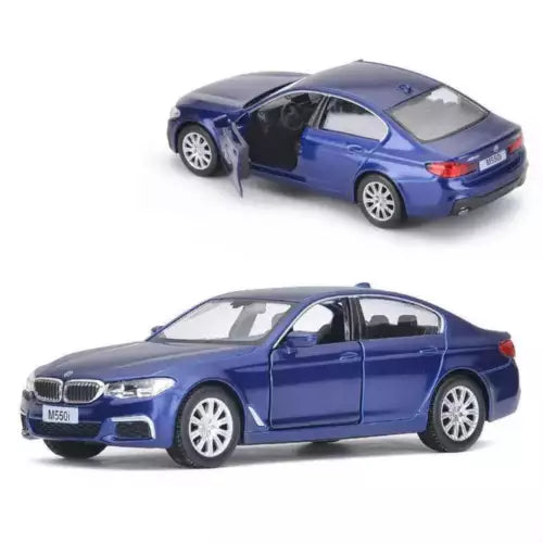 Blue BMW M550i 1:36 diecast model car with front and side view, open driver door