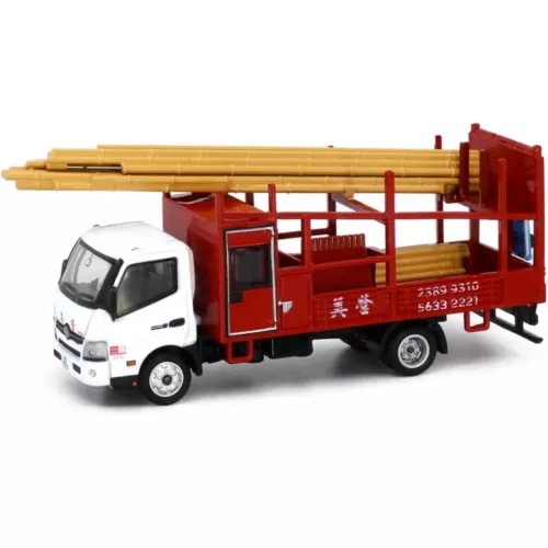 Diecast bamboo scaffolding lorry model with white cab and red bed, OO gauge