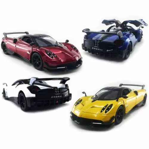 Set of 4 scale diecast sports cars in red, blue, white/black, and yellow
