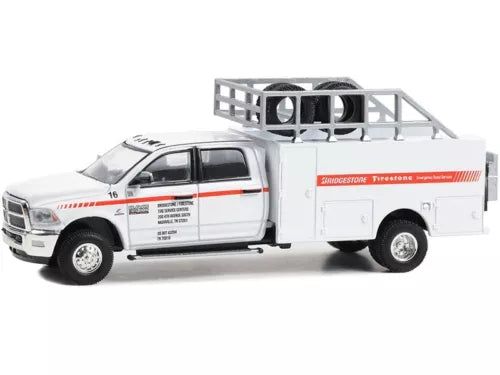 Die-cast service truck, white body with orange stripe and Firestone logo, side view