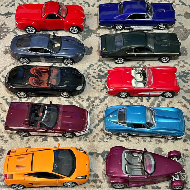 10 diecast cars display with red, blue, green, black, and purple models