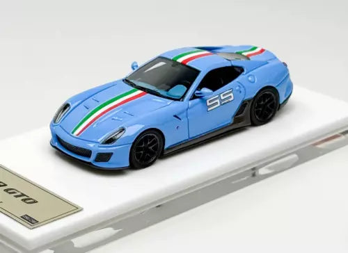 Blue racing sports diecast car with red and green stripes, front 3/4 view