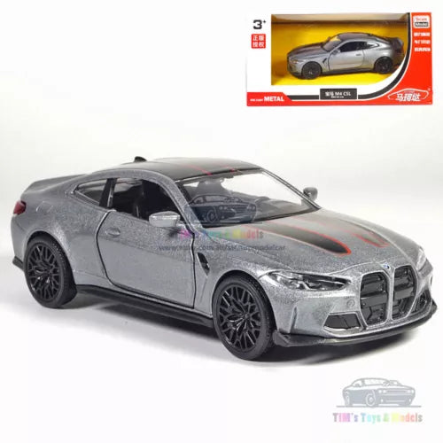 Grey diecast model sports car, front 3/4 view with detailed wheels and grille