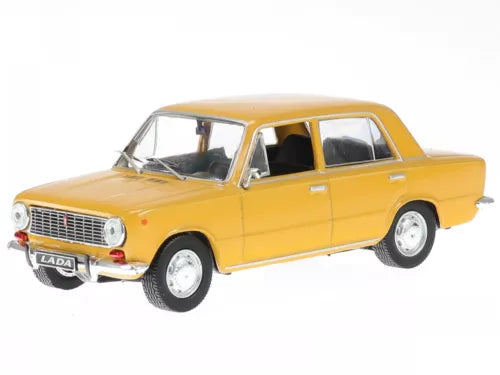 Yellow 1970 Lada 1200 diecast model car, front three-quarter view, 1:43 scale