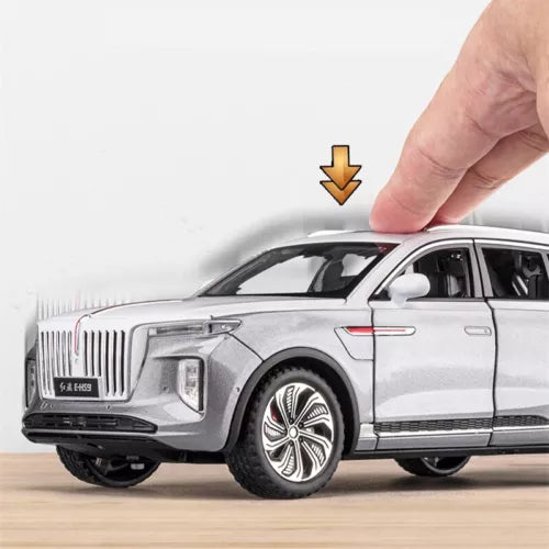 Diecast alloy SUV toy car model in silver, front-side view, HONGQI E-HS9