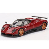 1:64 diecast model car, red Pagani Zonda F with black accents and gold wheels