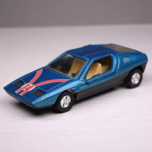 Blue pull-back diecast sports car with racing decals and chrome wheels, 1:36 scale