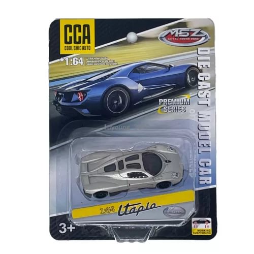 1:64 diecast model car in blister pack, white with gold accents, blue display car