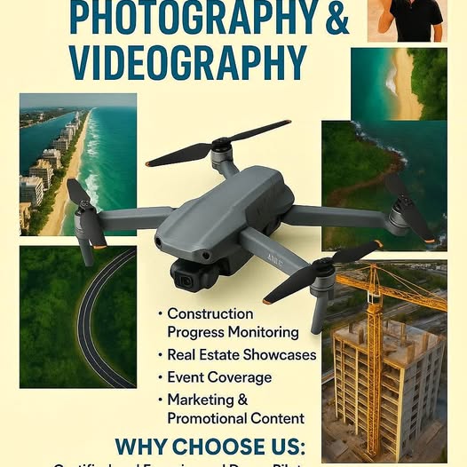 Gray quadcopter drone over a flyer for photography, videography, and event coverage