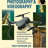 Gray quadcopter drone over a flyer for photography, videography, and event coverage