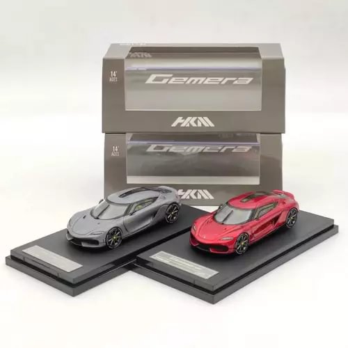 1:64 diecast car model set with two cars, gray and red, on display stands