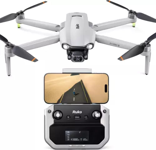 Gray camera drone with 3-axis gimbal, four propellers, and smartphone controller mount