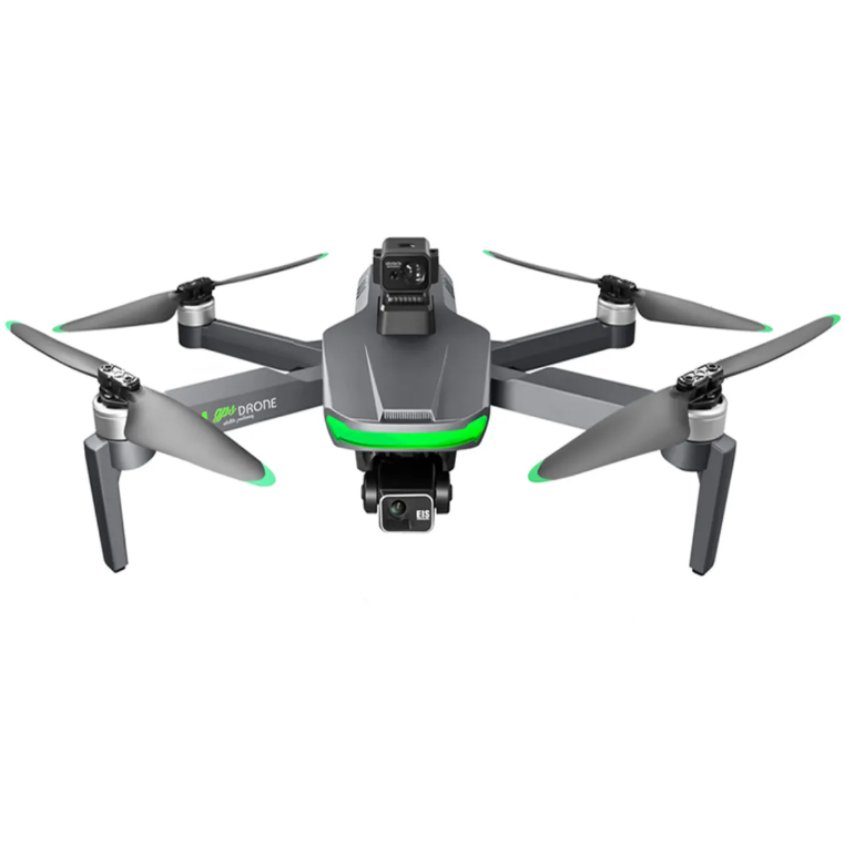 Quadcopter drone with front camera, grey frame and green LED accents