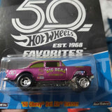 Purple 1:64 diecast gasser car with chrome wheels and Hot Wheels graphics