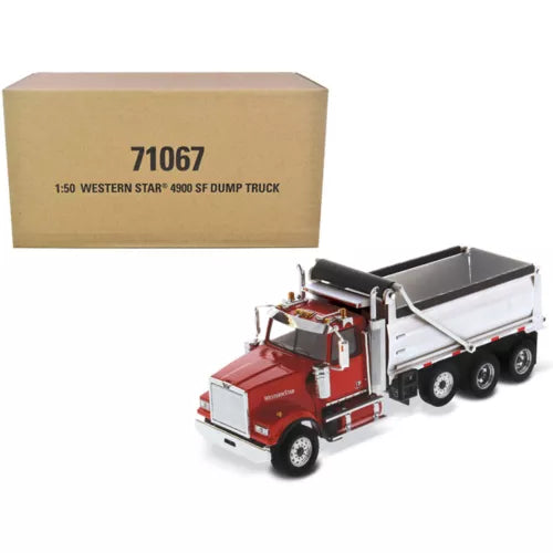 Red and silver diecast dump truck model with open bed and three-axle rear