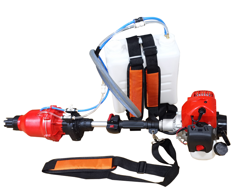 Handheld mist sprayer with white tank, red engine, orange straps, and shoulder harness