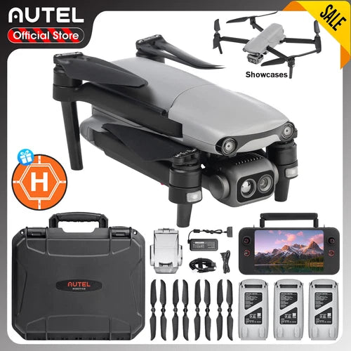 Foldable black quadcopter drone with dual thermal camera module, carrying case and controller screen