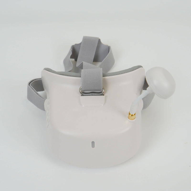 White FPV racing goggles with adjustable gray strap and side housing