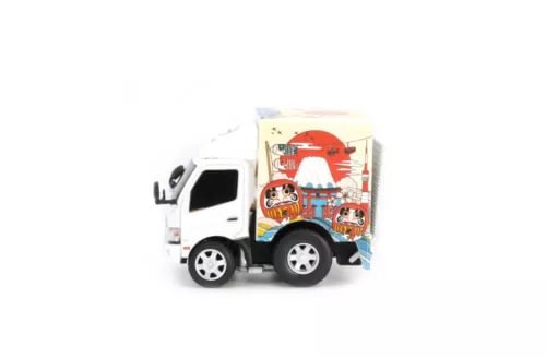 White diecast Hino 300 truck with front grille and wheels, in printed box packaging