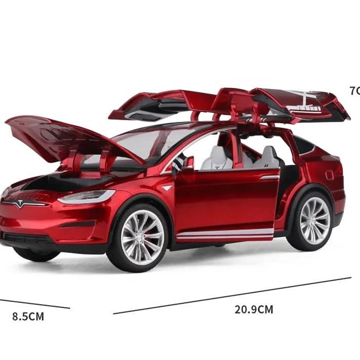 Tesla Model X diecast car, red, open doors, 1:20 scale, pull-back
