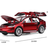 Tesla Model X diecast car, red, open doors, 1:20 scale, pull-back