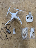 White quadcopter drone with remote controller, cables, and spare propellers