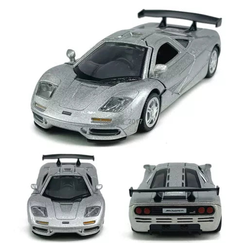 1:36 McLaren F1 diecast toy car model, silver with rear spoiler