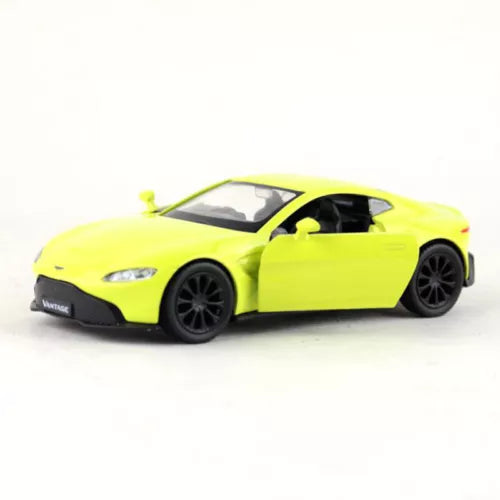 1:36 Aston Martin Vantage diecast model car, yellow sports car with black wheels.
