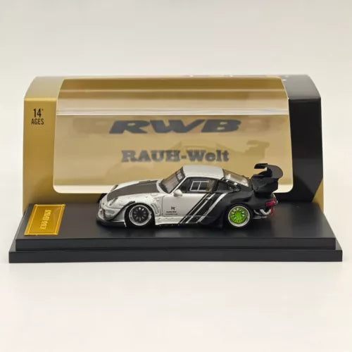 RWB Rauh-Welt 993 GT diecast model car with silver, black and white stripes in box