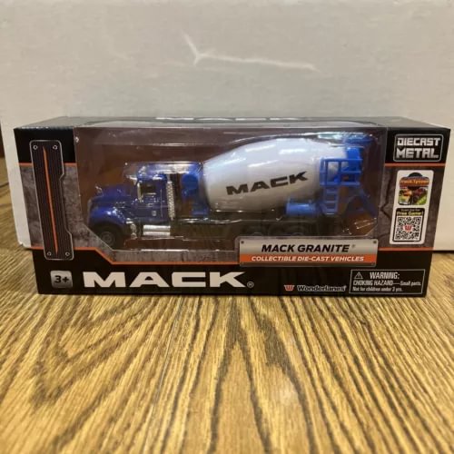Diecast cement mixer truck, blue and white, Mack Granite 1/50 scale toy